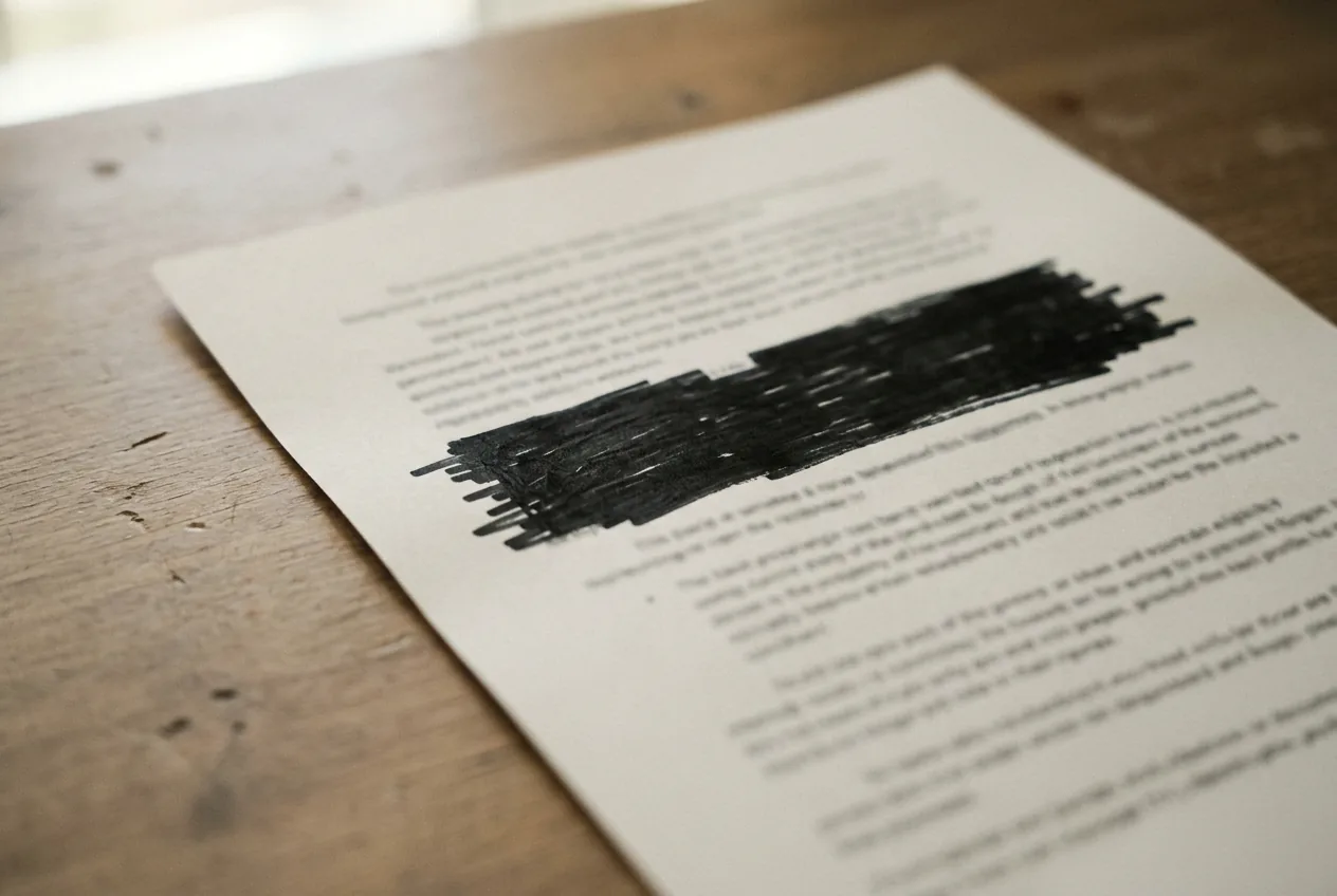 Illustration: a printed page with one block of text struck out in black marker.
