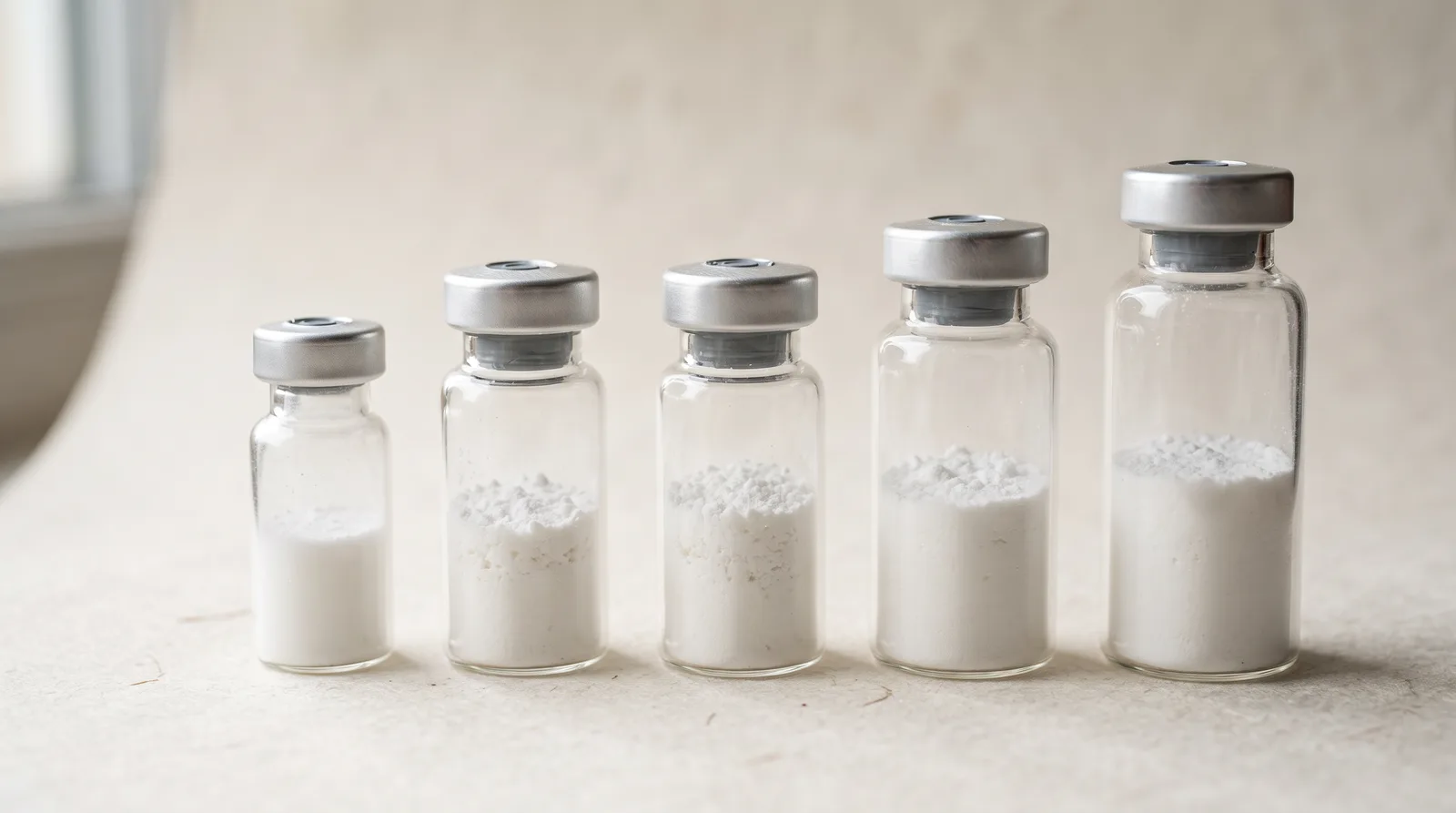Illustration: five unlabelled glass vials of lyophilised powder in increasing sizes on a paper background.