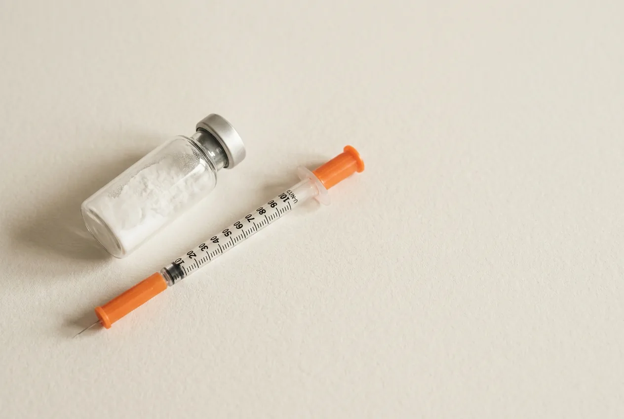 Illustration: an unlabelled glass vial of lyophilised powder beside a U-100 insulin syringe.